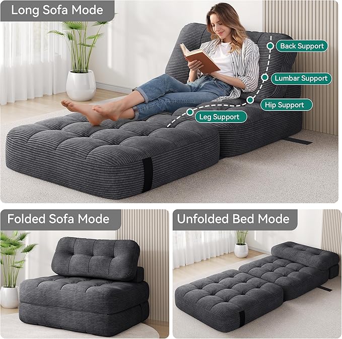Kescas Folding Sofa Bed, Convertible Sleeper Chair with Supportive Pillow, Portable Fold-Out Floor Sofa Lounge for Living Room & Bedroom