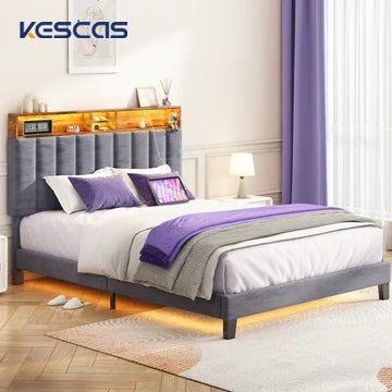 Kescas Wooden Platform Bed Frame with Storage Headboard, Charging Ports & LED Light Strip, Noise-Free Support, Easy Assembly