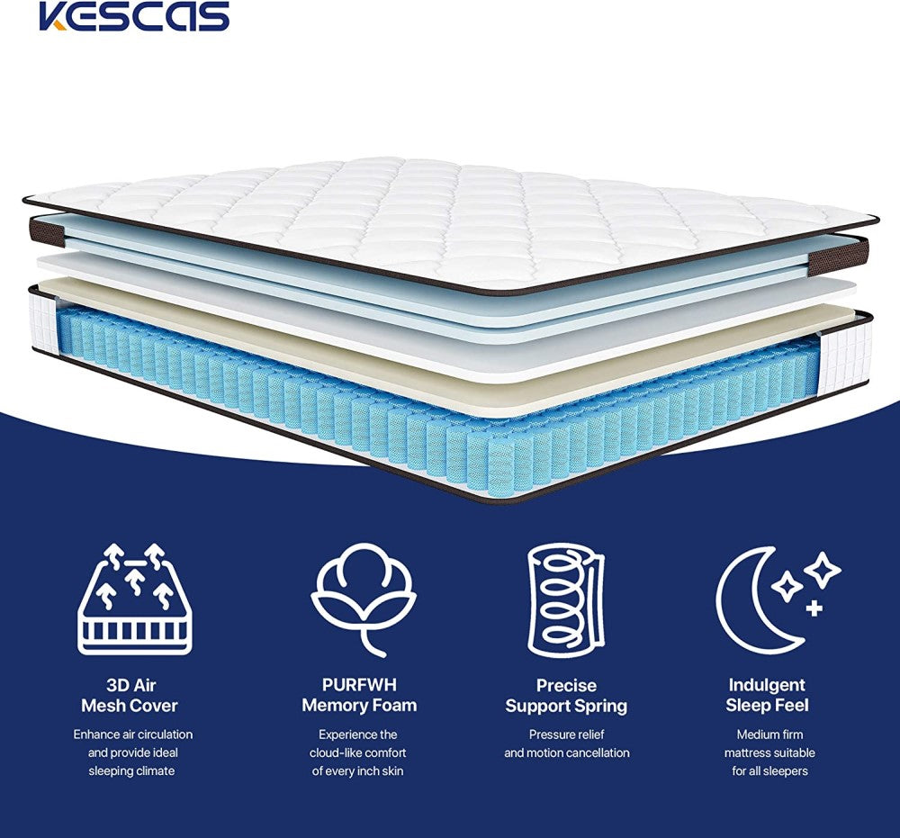 Kescas 4FT6 Double Mattress, 10 Inch Pocket Spring Hybrid Mattress with Breathable Foam (ONLY For UK)